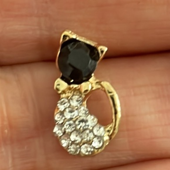 Adorable Cat Earrings - Gold Finish with Black Stone & Rhinestones - Picture 4 of 11